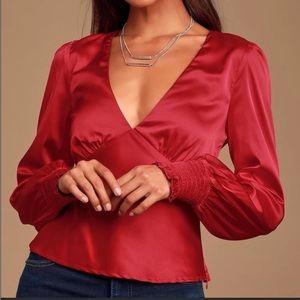 NWT Lulus Head Held High Wine Red Satin Long Sleeve Top Size Small